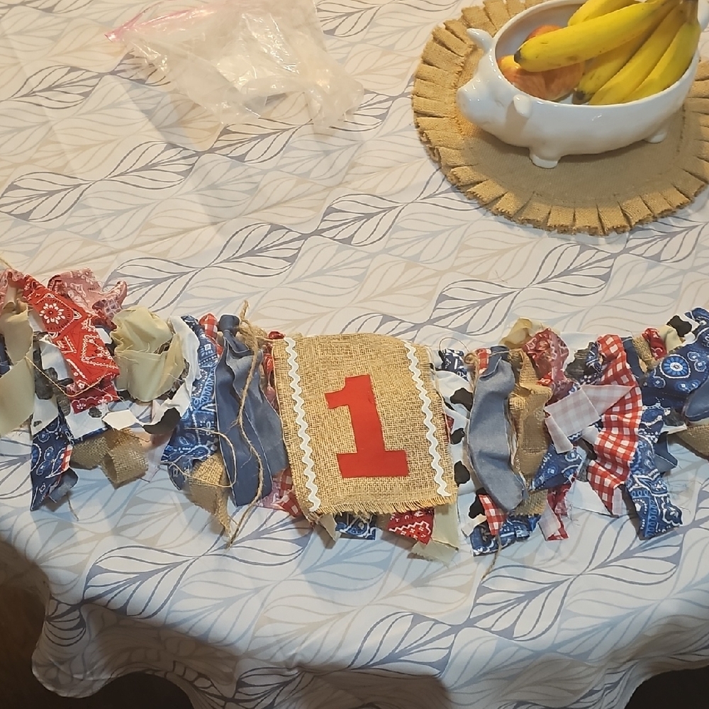 Rustic Burlap and Fabric Banner with Red Number
